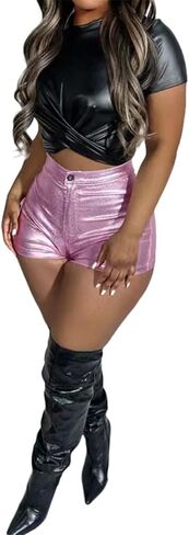 Women's Metallic Faux Leather Shorts, Sexy Stretch PU Shorts (9 Color) in Saudi Arabia