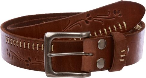 Snap On Floral Embossed Stitching Full Grain Leather Belt in Saudi Arabia