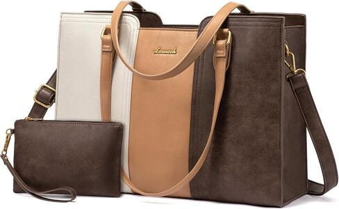LOVEVOOK 15.6 Inch Laptop Bag for Women - Waterproof Work Bag for Women & Vintage Laptop Tote Bag with Wristlet, Beige/Coffee in Saudi Arabia