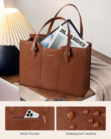 LOVEVOOK 15.6 Inch Laptop Bag for Women - Waterproof Work Bag for Women & Vintage Laptop Tote Bag with Wristlet, Beige/Coffee in Saudi Arabia