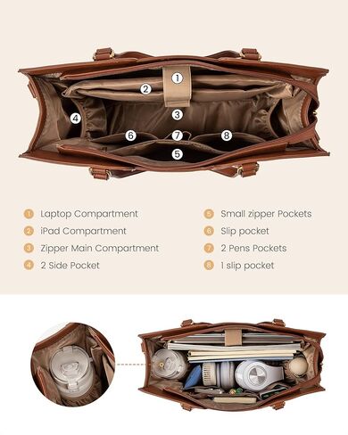 LOVEVOOK 15.6 Inch Laptop Bag for Women - Waterproof Work Bag for Women & Vintage Laptop Tote Bag with Wristlet, Beige/Coffee in Saudi Arabia