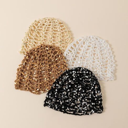 Women's Summer Glitter Sequin Beanie Boho Hollow Out Crochet Hat for Beach Travel Party in Saudi Arabia