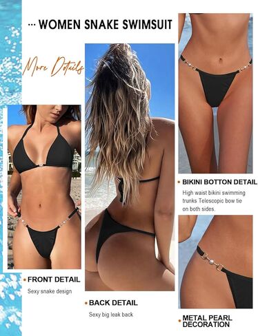 Women's Triangle String Bikini Set Sexy Y2K Pearl String Chain Two Piece Swimsuit Cute Halter Bathing Suit in Saudi Arabia