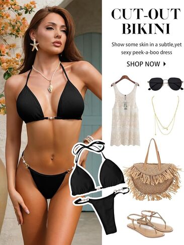 Women's Triangle String Bikini Set Sexy Y2K Pearl String Chain Two Piece Swimsuit Cute Halter Bathing Suit in Saudi Arabia