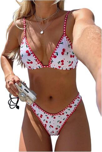 Women's 2 Piece Bikini Set Cherry Graphic Tie Backless String Thong Swimsuit Cheeky Bathing Suits in Saudi Arabia