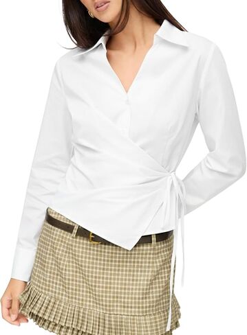 SUNNOW Women's Long Sleeve Blouse with Side Tie & Waist Pleats Loose Fit Fashion Top for Work in Saudi Arabia