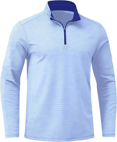 Mens Quarter Zip Golf Pullover - Long Sleeve, Striped, UPF 50+, Dry-Fit with Collar for Running & Casual in Saudi Arabia