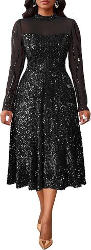 VERWIN Women's Sparkly Round Neck Long Sleeve A Line Prom Party Cocktail Midi Sequins Dress in Saudi Arabia