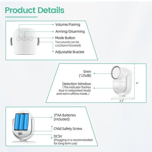 PANACARE 125db Loud Motion Sensor Alarm Indoor Wireless Infrared Security Motion Detector with Siren Light/Remote Control /3*AA Battery for Home/Shed/Garage in Kuwait