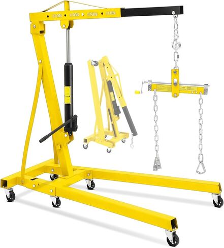 2-Ton Folding Engine Hoist with Leveler, 4400 Lbs Capacity Hydraulic Shop Crane with 6 Casters, Portable Foldable Cherry Picker for Garage, Workshop, Warehouse, Heavy-Duty, Yellow in Saudi Arabia