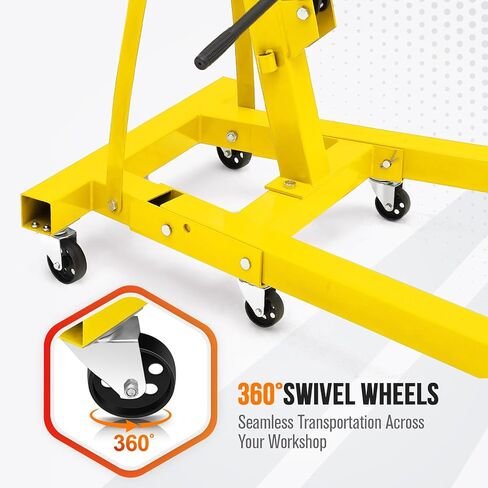 2-Ton Folding Engine Hoist with Leveler, 4400 Lbs Capacity Hydraulic Shop Crane with 6 Casters, Portable Foldable Cherry Picker for Garage, Workshop, Warehouse, Heavy-Duty, Yellow in Saudi Arabia