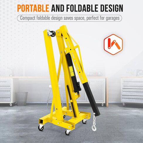 2-Ton Folding Engine Hoist with Leveler, 4400 Lbs Capacity Hydraulic Shop Crane with 6 Casters, Portable Foldable Cherry Picker for Garage, Workshop, Warehouse, Heavy-Duty, Yellow in Saudi Arabia