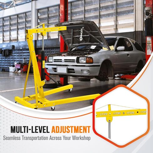 2-Ton Folding Engine Hoist with Leveler, 4400 Lbs Capacity Hydraulic Shop Crane with 6 Casters, Portable Foldable Cherry Picker for Garage, Workshop, Warehouse, Heavy-Duty, Yellow in Saudi Arabia