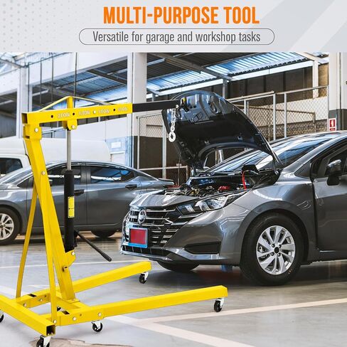2-Ton Folding Engine Hoist with Leveler, 4400 Lbs Capacity Hydraulic Shop Crane with 6 Casters, Portable Foldable Cherry Picker for Garage, Workshop, Warehouse, Heavy-Duty, Yellow in Saudi Arabia