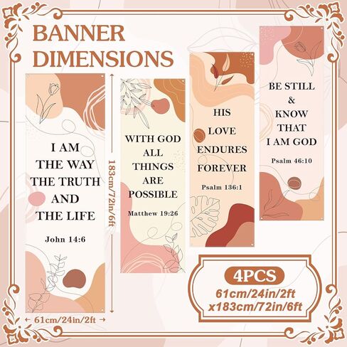 4-Piece Church Banners with Scripture, Boho Decor for Sanctuary Walls, Inspirational Bible Verse Hanging Signs,2 x 6 Feet, Perfect for Worship and Religious Events in Saudi Arabia
