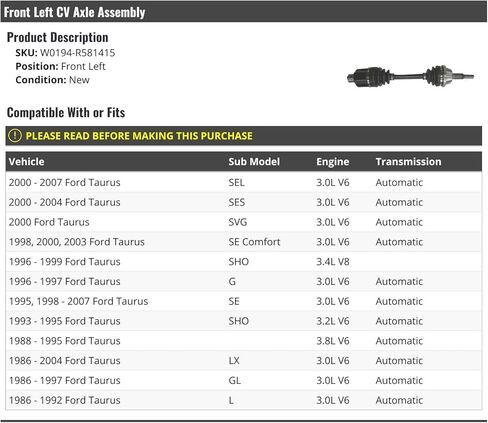 Front Left Driver Side CV Axle Assembly - Compatible with 1986-2007 Ford Taurus in Saudi Arabia