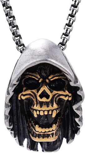 Mens Gothic Stainless Steel Cap Death Skull Grim Reaper Pendant Necklace in Saudi Arabia