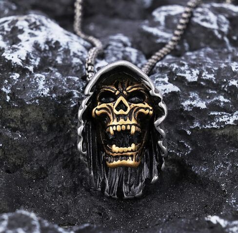 Mens Gothic Stainless Steel Cap Death Skull Grim Reaper Pendant Necklace in Saudi Arabia
