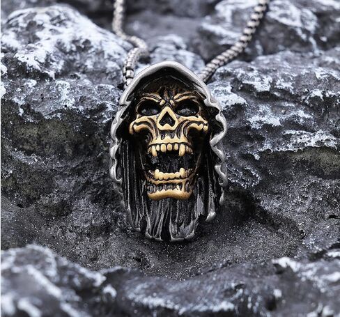 Mens Gothic Stainless Steel Cap Death Skull Grim Reaper Pendant Necklace in Saudi Arabia