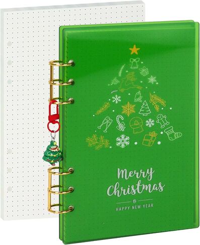 غطاء غلاف أكريليك من Koqye Christmas A5 مع حلقات معدنية دائرية، غطاء دفتر ملاحظات بتصميم عيد الميلاد مع سلسلة مفاتيح لطيفة تتضمن عبوة واحدة من العبوات المنقطة للمخطط الشخصي (أخضر، A5) in Saudi Arabia