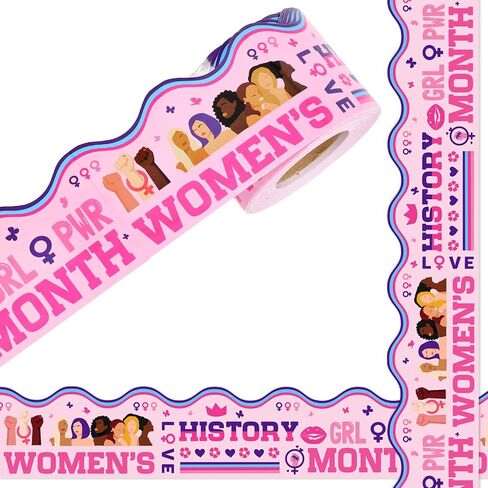 65.6 Ft Women's History Month Bulletin Board Border Pink Inspirational Women's Day Scalloped Die Cut Border Trim Roll for Feminist Party Home Classroom Wall Decoration in Saudi Arabia