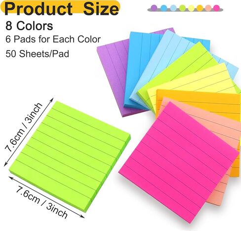 48 Pack Lined Sticky Notes 3x3 in, 8 Colors Self Sticky Notes with Lines, Post Stickies Colorful Sticky Memo Note Pads for School and Office Supplies, Multicolor in Saudi Arabia