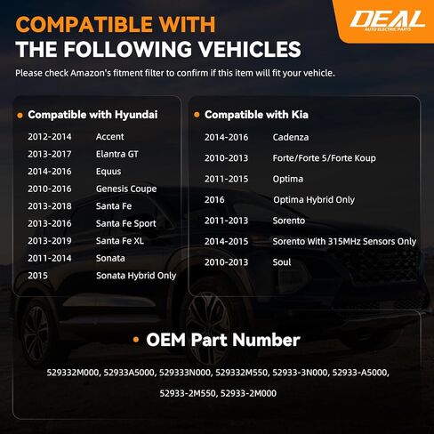 مستشعر TPMS للأجزاء الكهربائية من DEAL، مبرمج مسبقًا، 4 قطع 315 ميجا هرتز مستشعر مراقبة ضغط الإطارات مبرمج مسبقًا، متوافق مع Hyundai Accent Sonata Santa Fe Kia Cadenza Optima Soul، 52933-3N000 in Saudi Arabia