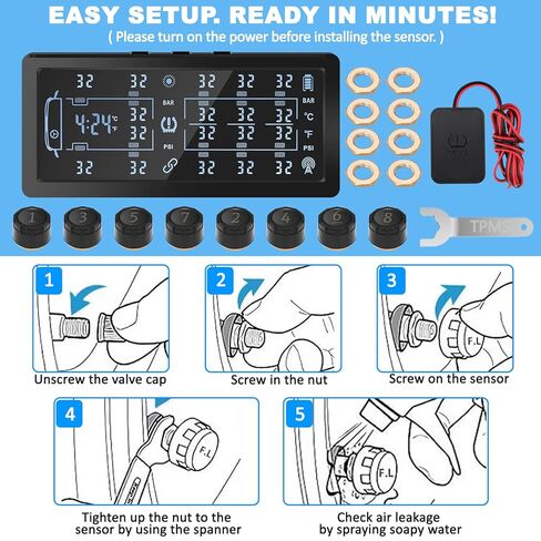 RV Trailer Tire Pressure Monitoring System,TPMS with 8 Sensors,Tire Pressure Monitor w/Color LCD Display,Signal Booster,6 Alert Modes,Long Sensing Distance,0-188PSI,for Travel Trailer/5th Wheel/Camper in Kuwait