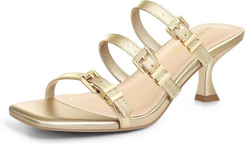 PIZZ ANNU Women's Liora Kitten Heels Sandals Square Open Toe Slip-On Mules with Three Buckle Comfortable Casual Dress Pumps Shoes in Kuwait