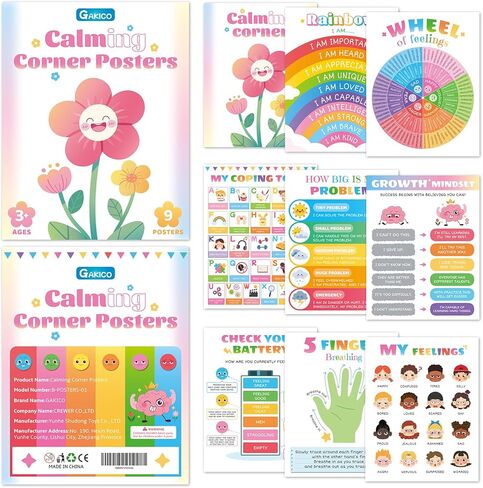 Calming Corner Posters for Homeschool: 9 Pack Mental Health Wall Decor for Kids, Preschool & Toddler | Emotions Chart, Feelings Wheel, Calming Techniques & Breathing Exercises | Social Emotional Learning Tools in Saudi Arabia