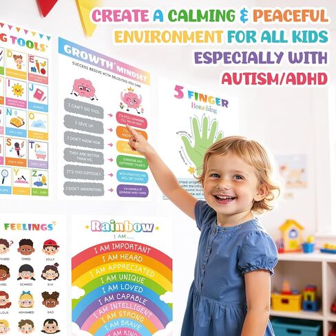 Calming Corner Posters for Homeschool: 9 Pack Mental Health Wall Decor for Kids, Preschool & Toddler | Emotions Chart, Feelings Wheel, Calming Techniques & Breathing Exercises | Social Emotional Learning Tools in Saudi Arabia
