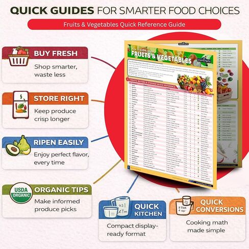 الدليل المرجعي السريع للفواكه والخضروات من Cramcharts - فترة صلاحية تخزين كاملة للشراء والنضج والنصائح العضوية - ملصق مكتبي أو جداري مصفح مكون من 4 صفحات للمطبخ والبقالة والمنزل in Kuwait
