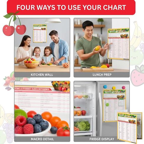 الدليل المرجعي السريع للفواكه والخضروات من Cramcharts - فترة صلاحية تخزين كاملة للشراء والنضج والنصائح العضوية - ملصق مكتبي أو جداري مصفح مكون من 4 صفحات للمطبخ والبقالة والمنزل in Kuwait