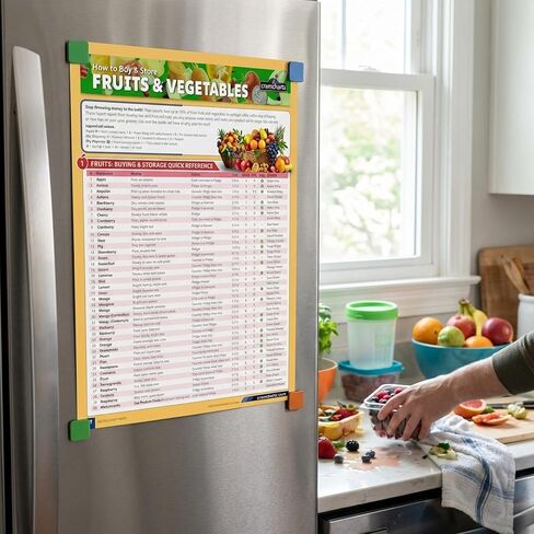 الدليل المرجعي السريع للفواكه والخضروات من Cramcharts - فترة صلاحية تخزين كاملة للشراء والنضج والنصائح العضوية - ملصق مكتبي أو جداري مصفح مكون من 4 صفحات للمطبخ والبقالة والمنزل in Kuwait
