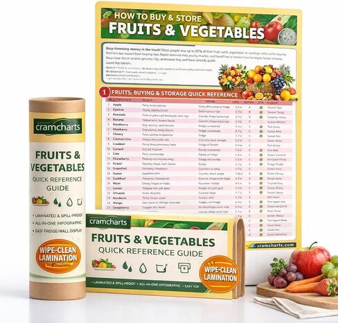 الدليل المرجعي السريع للفواكه والخضروات من Cramcharts - فترة صلاحية تخزين كاملة للشراء والنضج والنصائح العضوية - ملصق مكتبي أو جداري مصفح مكون من 4 صفحات للمطبخ والبقالة والمنزل in Kuwait