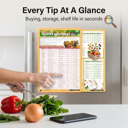 الدليل المرجعي السريع للفواكه والخضروات من Cramcharts - فترة صلاحية تخزين كاملة للشراء والنضج والنصائح العضوية - ملصق مكتبي أو جداري مصفح مكون من 4 صفحات للمطبخ والبقالة والمنزل in Kuwait