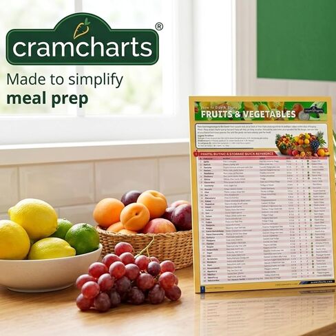 الدليل المرجعي السريع للفواكه والخضروات من Cramcharts - فترة صلاحية تخزين كاملة للشراء والنضج والنصائح العضوية - ملصق مكتبي أو جداري مصفح مكون من 4 صفحات للمطبخ والبقالة والمنزل in Kuwait