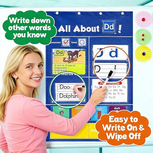 Alphabet Learning Pocket Chart for Classroom - Early Literacy & Phonics Learning Tool with Removable Cards - Portable Wall Hanging Storage for Toddler in Saudi Arabia