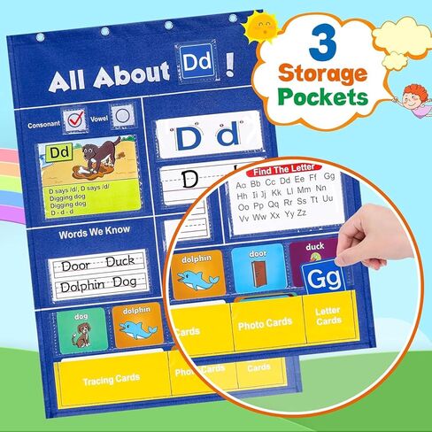 Alphabet Learning Pocket Chart for Classroom - Early Literacy & Phonics Learning Tool with Removable Cards - Portable Wall Hanging Storage for Toddler in Saudi Arabia