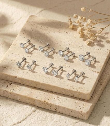Incaton Hypoallergenic Flat Back Earrings for Women Silver 14K Gold Plated Surgical Stainless Steel Stud Earrings Cubic Zirconia Cartilage Studs Earrings For Multiple Piercing Sensitive Ears in Saudi Arabia