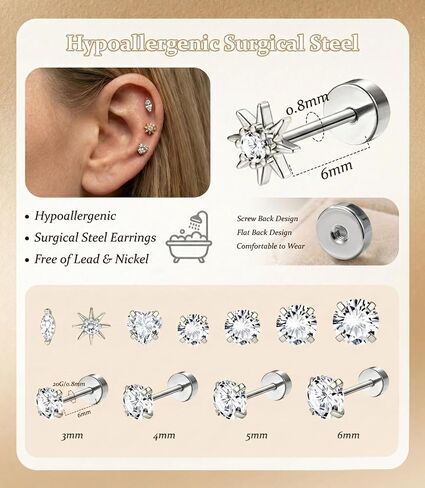 Incaton Hypoallergenic Flat Back Earrings for Women Silver 14K Gold Plated Surgical Stainless Steel Stud Earrings Cubic Zirconia Cartilage Studs Earrings For Multiple Piercing Sensitive Ears in Saudi Arabia