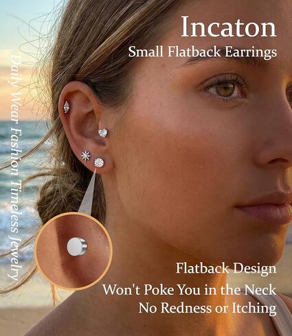 Incaton Hypoallergenic Flat Back Earrings for Women Silver 14K Gold Plated Surgical Stainless Steel Stud Earrings Cubic Zirconia Cartilage Studs Earrings For Multiple Piercing Sensitive Ears in Saudi Arabia