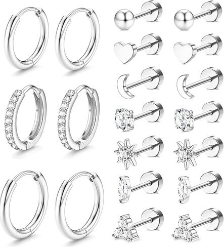 Incaton Hypoallergenic Flat Back Earrings for Women Silver 14K Gold Plated Surgical Stainless Steel Stud Earrings Cubic Zirconia Cartilage Studs Earrings For Multiple Piercing Sensitive Ears in Saudi Arabia