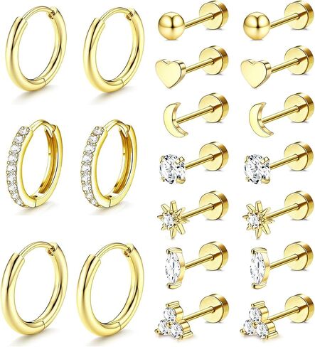 Incaton Hypoallergenic Flat Back Earrings for Women Silver 14K Gold Plated Surgical Stainless Steel Stud Earrings Cubic Zirconia Cartilage Studs Earrings For Multiple Piercing Sensitive Ears in Saudi Arabia