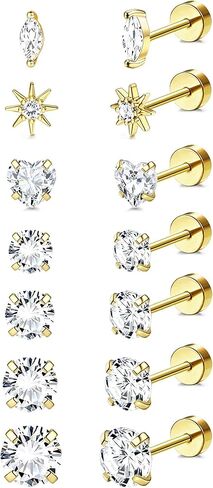 Incaton Hypoallergenic Flat Back Earrings for Women Silver 14K Gold Plated Surgical Stainless Steel Stud Earrings Cubic Zirconia Cartilage Studs Earrings For Multiple Piercing Sensitive Ears in Saudi Arabia