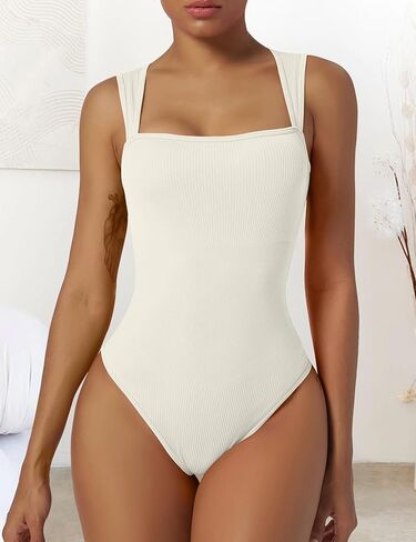 Women's Bodysuits Sexy Ribbed Strappy Square Neck Sleeveless Tummy Control Tank Tops Bodysuits in Saudi Arabia