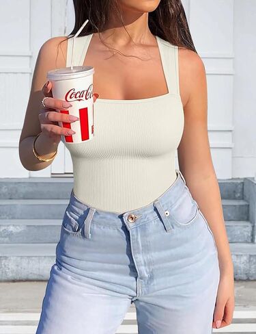 Women's Bodysuits Sexy Ribbed Strappy Square Neck Sleeveless Tummy Control Tank Tops Bodysuits in Saudi Arabia