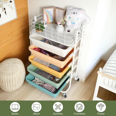 Runnatal Storage Cart with 5 Drawers, Utility Cart with Colorful Drawers and Metal Tabletop, Craft Cart, Teacher Organization for for Office, Living Room, Kitchen in Kuwait