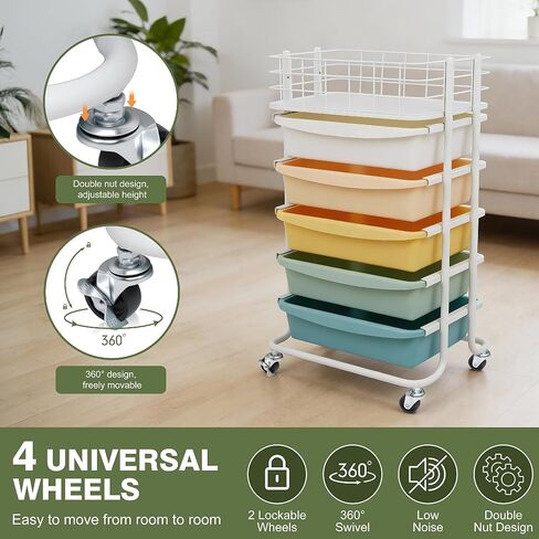 Runnatal Storage Cart with 5 Drawers, Utility Cart with Colorful Drawers and Metal Tabletop, Craft Cart, Teacher Organization for for Office, Living Room, Kitchen in Kuwait