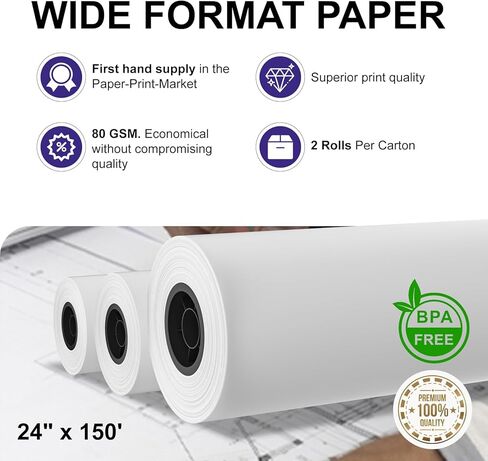 ورق تنسيق عريض مقاس 24 بوصة × 150 قدمًا، 2 بوصة، ورق رسم أبيض CAD السندات 2 لفات in Kuwait